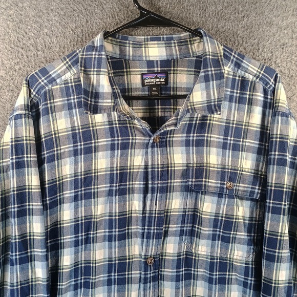 Patagonia Long Sleeved Fjord Flannel Shirt Men XXL Virtually Blue Missing Button - Picture 2 of 12